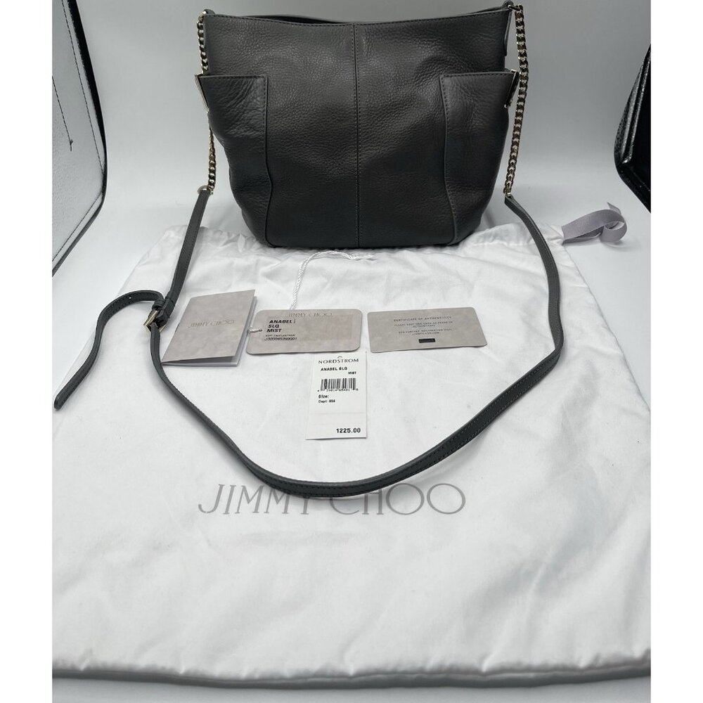 Jimmy Choo Purse Bag Womens Gray Anabel Soft Calf Leather Gold Chain